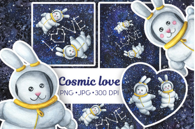 Astronauts&#039; Cosmic love. Watercolor collection.