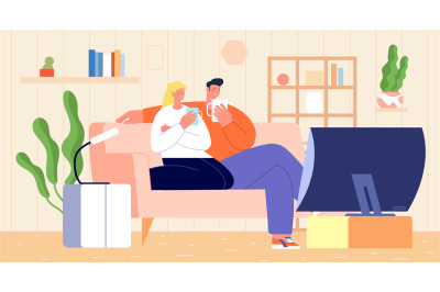 Couple at home together. People relax in apartment on sofa, boy huggin