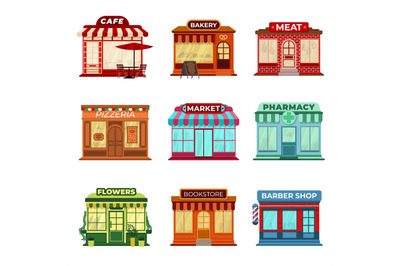 Shop store buildings. Market front exterior, isolated small business b