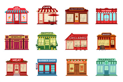 Cartoon flat shop facades. Different stores, local storefront or retai