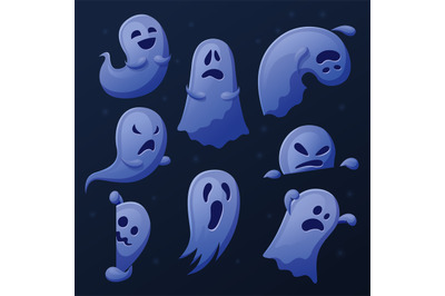 Cartoon cute ghost. Funny ghosts collection, spooked halloween symbols