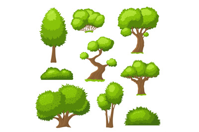 Cartoon tree and bush. Garden bushes, isolated shrubbery with green le