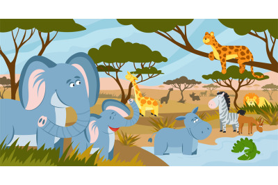 Savanna animals. African summer animals, savannah lands landscape. Fun