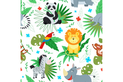 Cartoon jungle animal print. Animals pattern, safari background. Cute