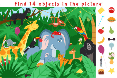 Hidden object puzzle. Kid learning game, find objects in jungle forest