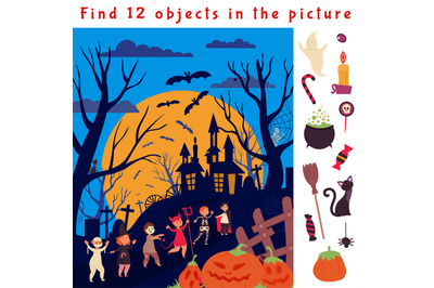 Find hidden objects. Halloween game location, fun children puzzle. Loo