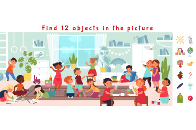 Find objects game. Puzzle play, visual kids brain teaser. Education, c