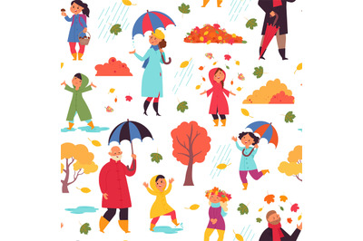 Autumn people walking pattern. Adult standing with umbrella, children