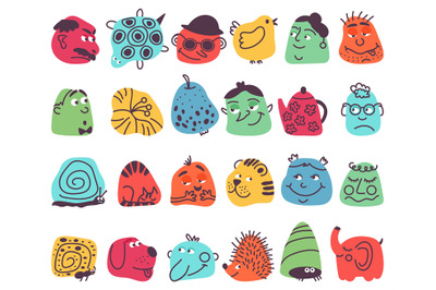 Comic abstract faces. Funny icons, avatars character collage. Bright c