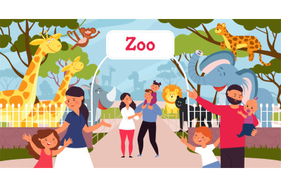 Family in zoo. Smiling cartoon kids, walking in park with parents. Saf