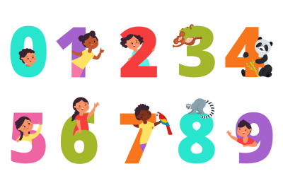 Kids numbers. Children animal on number, colorful dates design. Childi