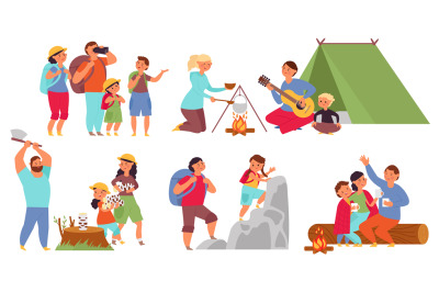 Cartoon hiking characters. Travelling people, funny woman travel with