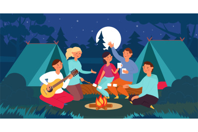 People sitting bonfire. Summer night, friends on campfire in forest. M