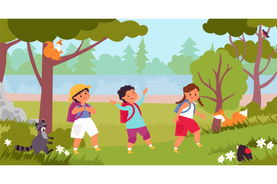 Kids walking in forest. Kid explore nature, children on natural activi