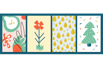 Abstract contemporary cards. Four seasons symbols, flower rain drops a