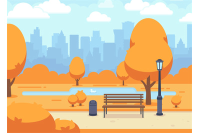 Autumn city park. Beautiful fall town road with wooden bench. Outdoor