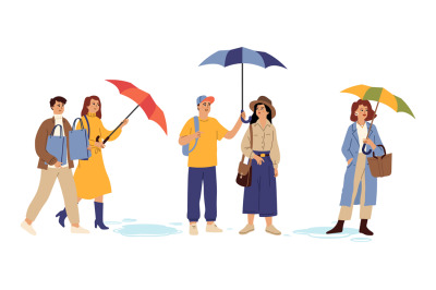 Autumn people with umbrellas. Rainy day, person walk with colorful umb