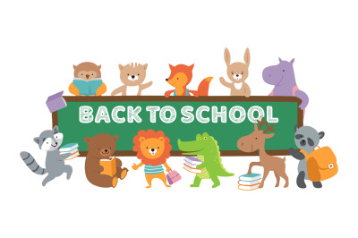 Back to school animal banner. Animals with books and backpacks near ch