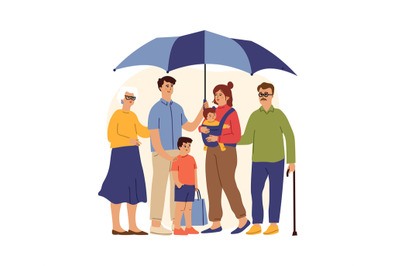 Big family under giant umbrella. Safety concept. Grandparents, parents