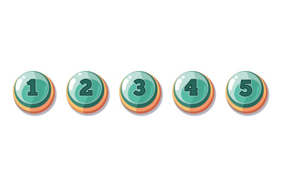 Cartoon number buttons. Glossy gaming button, numbering from one to fi