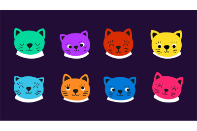 Cats faces. Kitten emotional face&2C; cat avatars with big cartoon eyes.