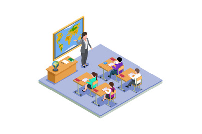 Classroom concept. Isometric school class&2C; teacher and children on les