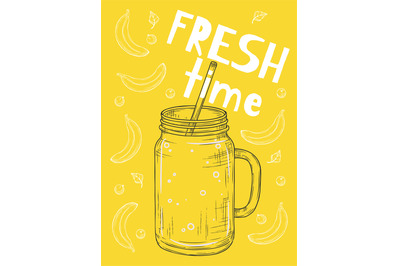 Detox summer juice. Sketch smoothie jar, vegan bar poster template. Ye