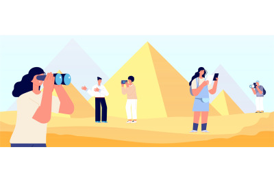 Egypt travelers. People and pyramids, tourism and vacations. Man woman