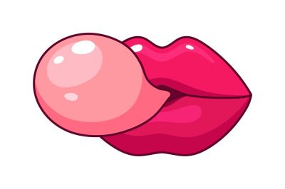 Female sexy lips. Pink girl mouth with gum bubble. Cartoon isolated fa