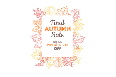 Final sale autumn banner. Discount poster with sketch leaves. Colorful