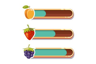 Game interface bars. Cartoon gaming loading panel with fruits. Isolate