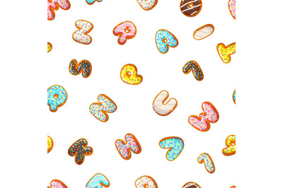 Glazed cookies. Baked biscuits letters, numbers seamless pattern. Swee