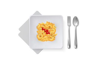 Realistic pasta on white plate. Italian restaurant dish with metallic