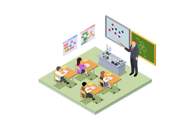 School lesson isometric concept. Teacher&2C; children at desks at classro