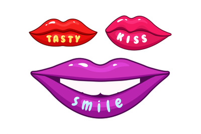 Sexy woman lips. Isolated lip with text smile kiss tasty. Cartoon fema