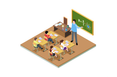 Student study. Isometric classroom&2C; school lesson education. Cartoon t