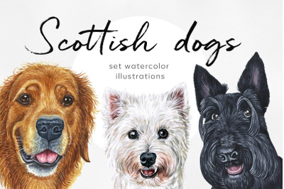 Scottish dogs. Watercolor set 8 dogs breeds illustrations