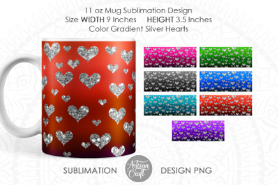 Mug sublimation wrap, color gradient, silver glitter hearts, 11oz Mug
