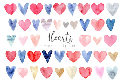 Watercolor Hearts. Cliparts and Patterns