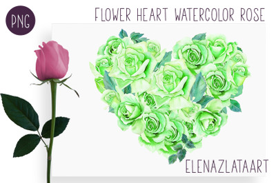 Heart Watercolor green rose. Valentine&#039;s day clipart