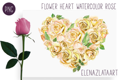 Heart Watercolor yellow rose. Valentine&#039;s day clipart