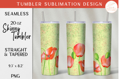 Watercolor Poppy Tumbler Sublimation. 20 oz Floral Tumbler Wrap PNG