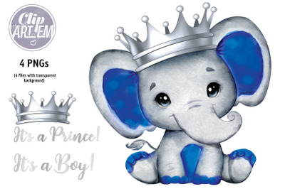 Royal Blue Boy Elephant with Silver Crown Watercolor 4PNG Clip Art