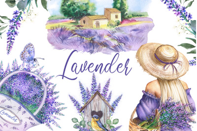 Lavender watercolor flower clipart. Provence romantic  clipart.