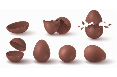 Realistic broken&2C; cracked and exploded easter chocolate eggs. Choco ba