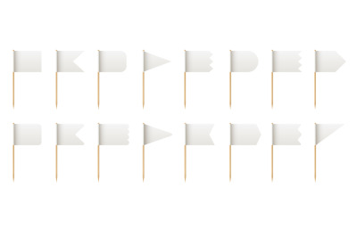 Wooden toothpick with white paper flag shapes for food. Realistic litt