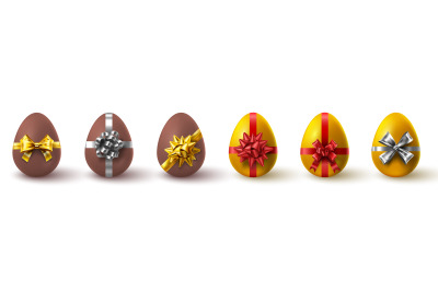 Realistic golden and chocolate easter egg gifts with ribbon bows. Spri