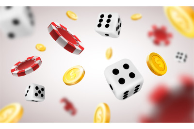 Realistic casino background with flying chips, golden coins and dice.