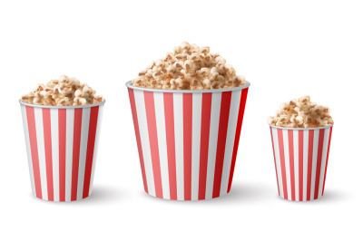 Realistic full large, medium and small popcorn bucket. Red striped pop