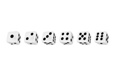 Realistic 3d casino rolling dice showing numbers one to six. Board gam